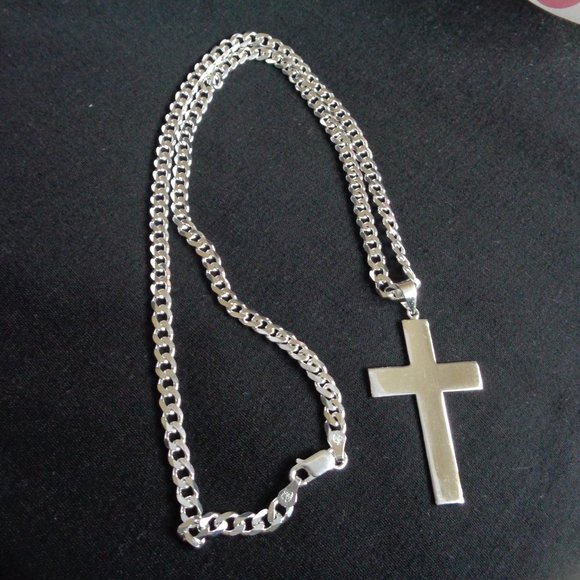 Flat Cross Necklace, 925 ITALY SOLID Sterling Silver Cross Pendant Curb Chain - Picture 4 of 5